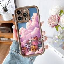 Cubierta para teléfono con borde negro diseño de cielo rosa y casas coloridas estilo anime para uso diario y viajes - Café integral - Ver 2