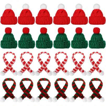 8/12/24/48 Pcs Mini Knit Hat Mini Christmas Scarf Set Tiny Santa Hats For Crafts Small Christmas Tree Ornaments Decorations For DIY Craft Art Snowman Doll (Red)