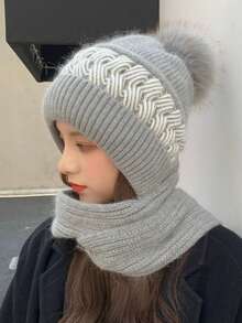 1 pièce Nouveau bonnet tricoté une pièce pour femmes en hiver, bonnet chaud avec polaire et renforcé, bonnet de neige et écharpe intégrée pour protéger les oreilles, bonnet en laine, , unique et polyvalent. Tenue d'automne, cadeau de la Saint-Valentin - Multicolore - Voir 13