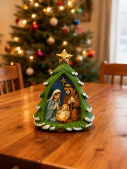 Figura de resina de la escena de la Natividad de Navidad - Adorno en forma de árbol de la Sagrada Familia con estrella dorada, decoración festiva para el hogar para la mesa y la sala de estar, decoración religiosa navideña para realzar el ambiente festivo, regalo perfecto para entusiastas de la Navidad y la fe, decoraciones navideñas para el hogar, regalos de Navidad, decoración navideña