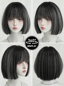 PIAOYUN Peruca Preta com Luzes Brancas para Mulheres, Peruca Fofa com Franja, Fibra Sintética Resistente ao Calor, Moda Natural para Uso Diário e em Festas