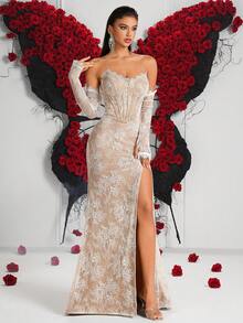 女士优雅抹胸鱼骨纯色袖蕾丝高腰开衩露背吊带曳地晚礼服，适合舞会、生日派对、晚宴、返校派对、婚礼宾客、正式晚宴、家庭聚会、节日等场合，白色连衣裙，新年礼服 - 白色 - 查看 8