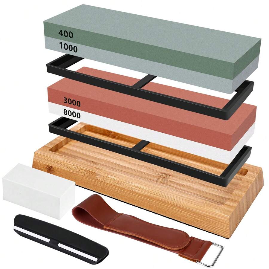 Sharpening Stone Set For Knives, Professional Sharpening Stone Set, Double-Sided Sharpening Stone, With Bamboo Base, Correction Stone, Tool Holder, Leather Strips - 綠色 - 查看 1
