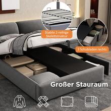 Upholstered Bed, 140 X 200 Cm, Hydraulic Slatted Base, Three Drawers, Storage Box, Slatted Base With Headboard, Without Mattress, Velvet, Grey - Gray + Velvet - View 7