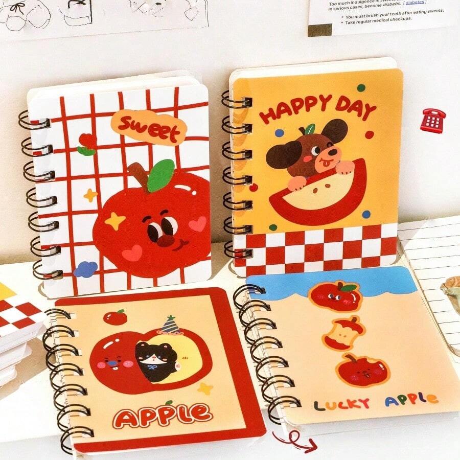 8pcs Cute Apple Flip Notebook, Pocket Notebook, Cartoon Memo Pad - Multicolor - View 1
