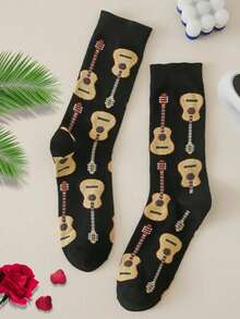 1 par de calcetines cálidos y antideslizantes con diseño de guitarra, calcetines largos creativos, calcetines de otoño/invierno - Multicolor - Ver 1