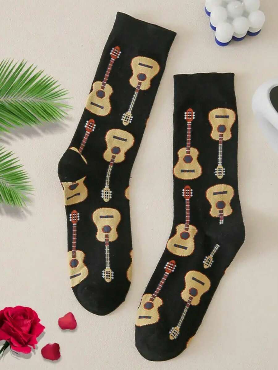 1 par de calcetines cálidos y antideslizantes con diseño de guitarra, calcetines largos creativos, calcetines de otoño/invierno - Multicolor - Ver 1