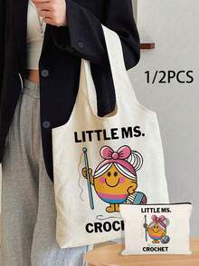 1pc Cute Cartoon Little Ms. Crochet Canvas Shoulder Bag Tote Bag Handbag Shoulder Bag Portable Storage Bag, Gift Packaging Bag, Laundry Bag, School Use, Book And Notebook Storage Bag, Snack Bag, Gift Storage Bag, Daily Necessities Storage Bag, Travel Supplies Storage Bag, Birthday Gift, Teacher Gift, Back To School Gift, Graduation Gift, Thanksgiving Gift, Christmas Gift, New Year Gift