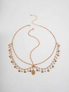 1件女士时尚简约金属链水钻几何圆环项链，镶嵌贝壳多层流苏头饰，几何链贝壳额链，派对礼物（手工制作，链长可定制，水钻数量不定） - 金色 - 查看 6