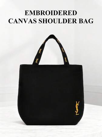 Yves Saint Laurent Women's Black Canvas Tote Bag, Large Shopper With Gold-Tone Logo & Jacquard Strap Handle, Fashion Shoulder Bag