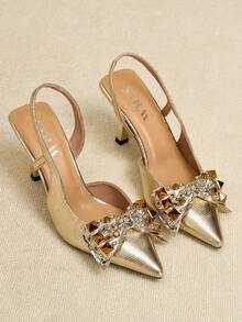 女士金属高跟尖头皮革铆钉蝴蝶结套脚鞋，优雅适合办公室、通勤和商务场合 - 金色 - 查看 5