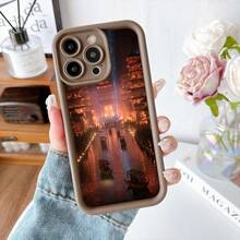 Cubierta de telefono con diseño de paisaje urbano nocturno en tonos rojos y naranjas con barcos flotando en un canal y edificios iluminados estilo asiático color negro para uso diario y viajes - Café integral - Ver 7