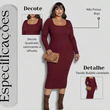 Vestido Feminino Decote Quadrado Manga Longa Premium