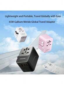 PHILIPS Convertidor de energía universal SPB1008: rendimiento de carga de 65 W de alta eficiencia, tecnología de nitruro de galio, compatibilidad de enchufe global, diseño de viaje liviano. - Ver 4