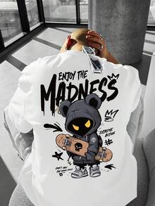 Men's "Enjoy The Madness" Streetwear T-Shirt - Oversized Style With Bear And Skateboard Print, Crew Neck For Urban Fashion And Skate Culture (Machine Washable) - 白色 - 查看 2
