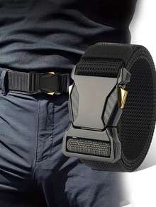2 piezas/1 pieza Cinturón de lona para hombres con hebilla de liberación rápida, cinturón táctico para pantalones casuales y deportes al aire libre, regalo de cumpleaños ideal para hombres, ajuste regular, color negro, hebilla de plástico, talla grande, material de lona resistente, unicolor casual