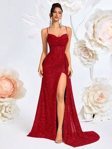 ADYCE Elegantes Maxikleid mit Spaghettiträgern, V-Ausschnitt, Pailletten, Mesh, hoher Taille, weitem Schnitt, hohem Schlitz, rückenfreiem Kreuzrücken und Bindung, geeignet für Abschlussball, Hochzeitsgast, Homecoming, Date Night, formelles Dinner, Geburtstagsfest, Feiertagsparty, Familientreffen, Valentinstag - Rot - Übersicht 8