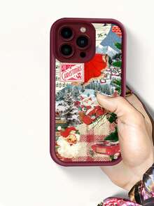 1pc Red Christmas Santa Snow Scene Pattern TPU Phone Case Full Body Shockproof Non Slip Cover Holiday Gift For Girlfriend Or Self Use Compatible With IPhone 17 16 15 14 13 12 11 XS X SE Series And Galaxy S25 S24 S23 S22 Series Fixed Content - Maroon - View 1