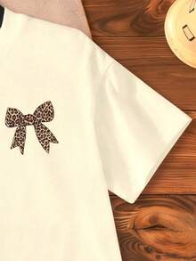 Young Girl Leopard Print Bow Graphic Short Sleeve Casual Round Neck T-Shirt - Apricot - View 5