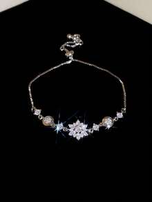 1pc Stainless Steel Elegant Micro-Inlaid Zirconia Flower Retractable Bracelet, Delicate Luxury Design - Snowflake Pull-out Bracelet - View 9
