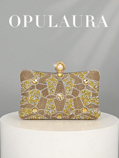 OpulAura Women's Rhinestone Decorated Evening Clutch Bag, Shiny Box-Shaped Handbag With Metal Chain, Perfect For Weddings, Parties, Galas, And Nighttime Events. Also A Great Birthday, Valentine's Day, Or Party Gift. Can Be Used As A Crossbody, Handheld, Or Makeup Bag, An Essential Wedding Accessory That Pairs Perfectly With Graduation Or Formal Dresses.