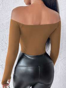 ChicMe Women's Off-Shoulder Long Sleeve Fitted Solid Color Basic Shirt, Casual Daily Wear - Mocha Brown - View 3