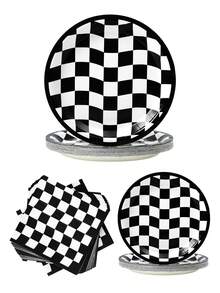 8件套黑白格纹弧形一次性餐盘和餐巾纸套装，适合8位客人使用，一次性纸盘，派对餐具，适用于生日、婚礼、主题派对、家庭野餐等场合。 - 彩色 - 查看 1