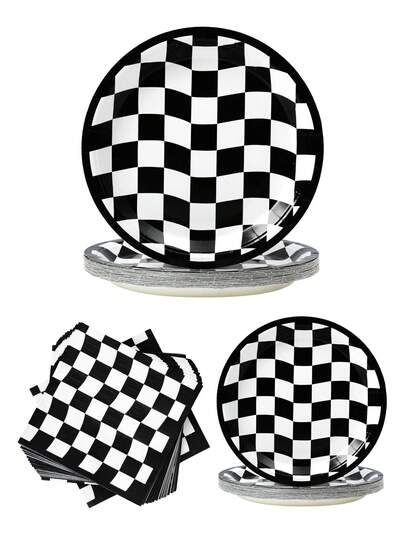 8 st svartvita böjda rutiga engångstallrikar och servetter, tallrikar och servetter festtillbehör lämpliga för 8 gäster, engångspapperstallrikar festporslin för födelsedag, bröllop, temafest, familjepicknick