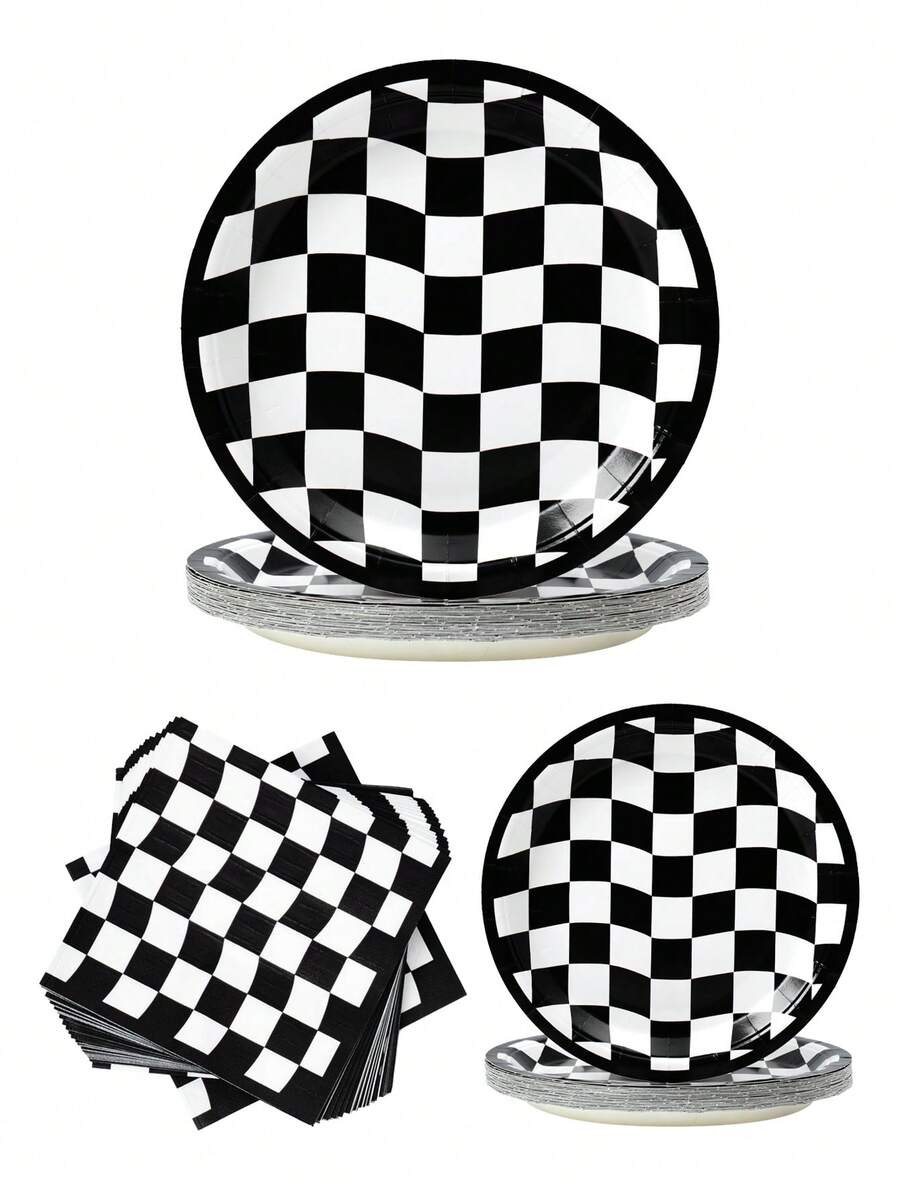 8件套黑白格纹弧形一次性餐盘和餐巾纸套装，适合8位客人使用，一次性纸盘，派对餐具，适用于生日、婚礼、主题派对、家庭野餐等场合。 - 彩色 - 查看 1