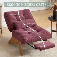 Modern Adjustable Backless Lounge Chair Made Of Fabric With Footrest, Lumbar Cushion And Wooden Legs For Living Room/Bedroom/Study - 酒紅色 + 燈芯絨 - 查看 5