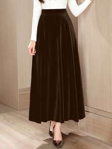 Women's Elegant Velvet A-Line Skirt, Autumn/Winter - Brown - View 4