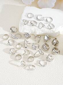 17KM 29pcs Simple Fashionable Vintage Coin Style Metal Geometric Asymmetrical Stackable Rings Set, Women/Couples/Friends Gift For Holiday, Date, Party, Wedding, Christmas, Valentine's Day