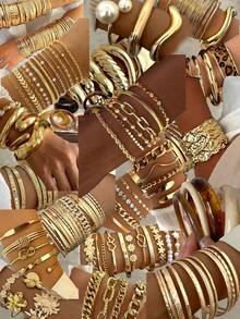 30/25/20/15/10/5pcs Multi-Piece Stackable Vintage Coin, Flower, Geometric, Ribbon, Water Drop, Colorful Resin, Heart, Twist, Faux Pearl Beaded, Chain Texture, Rhinestone, Bling Bling, Glossy, Minimalist Plain Circle, Snake Bone, Airplane, Plain Chain, Exaggerated Wide Bracelet Set, Simple Elegant Delicate Retro Design, Suitable For Holiday, Party, Date, Gift, Daily Wear (Random Shipment)