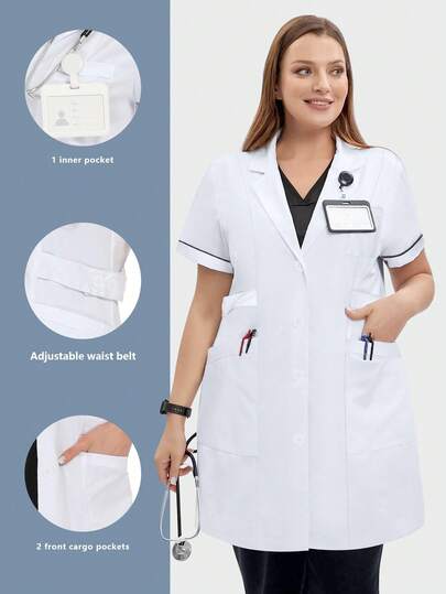 cimmuovere 大码女式长袖开襟翻领护士服工作服牙医保健宠物医院实验室工作服白色春季款