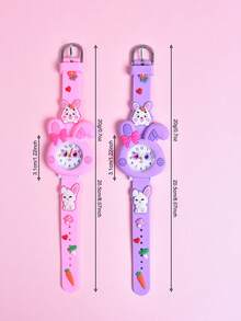 2pcs/Set Girls' Cartoon Long Ear Rabbit Soft Silicone Strap Children's Pointer Watch, Student Creative Animal Pattern Quartz Wristwatch