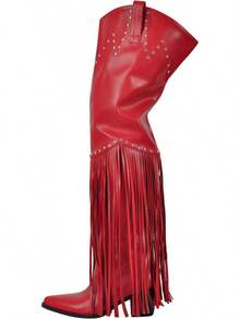 Richealnini Fringe Thigh High Boots With Tassels Wide Calf Over Knee Western Cowboy BootsChristmas - 綠色 - 查看 2