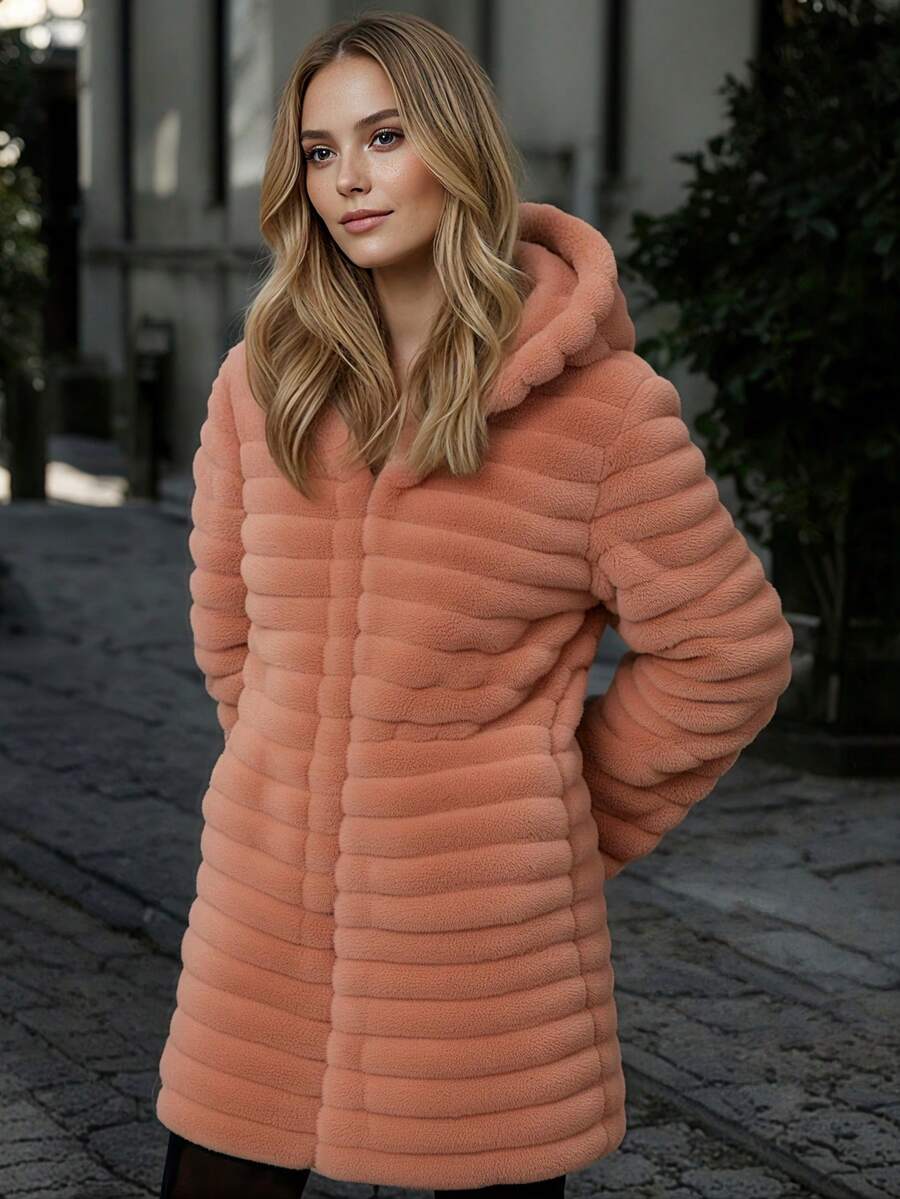 Abrigo de Corte Largo, de Invierno con Capucha para Mujer, Estilo Casual/Formal y Festivo, Acolchado, con Forro Cálido, Bolsillos Laterales y Detalles Texturizados - Salmón - Ver 1