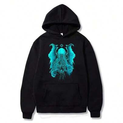 Cthulhu-Mythos Printed Hoodies, Men's And Women's Hoodies, Unisex Vintage Sweatshirt With Pockets, Casual Long-Sleeved Top, Graphic Sweatshirts And Sweatshirts For Men And Women, Fun Sweatshirt, Streetwear For Men And Women For Spring, Autumn, And Winter, Personalized Casual Printed Men's And Women's Hoodies With Drawstring Hood, Comfortable And Versatile Long-Sleeved Top, Cotton Jersey Hoodie, Hoodies With Japanese Anime Designs, Black Hoodie, Holiday/Christmas/New Year's Streetwear, Hoodies For Couples, Holiday/Christmas/New Year's For Men And Women