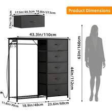 Tomnk 5 Drawers Dresser For Bedroom With Hanging Rack With LED Lights & Charging Station, Fabric Dressers & Chest Of Drawers With Clothes Rack, Wooden Top, Grid Panel, Closet, Dresser For Bedroom - Xem 3