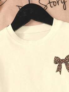 Young Girl Leopard Print Bow Graphic Short Sleeve Casual Round Neck T-Shirt - Apricot - View 4