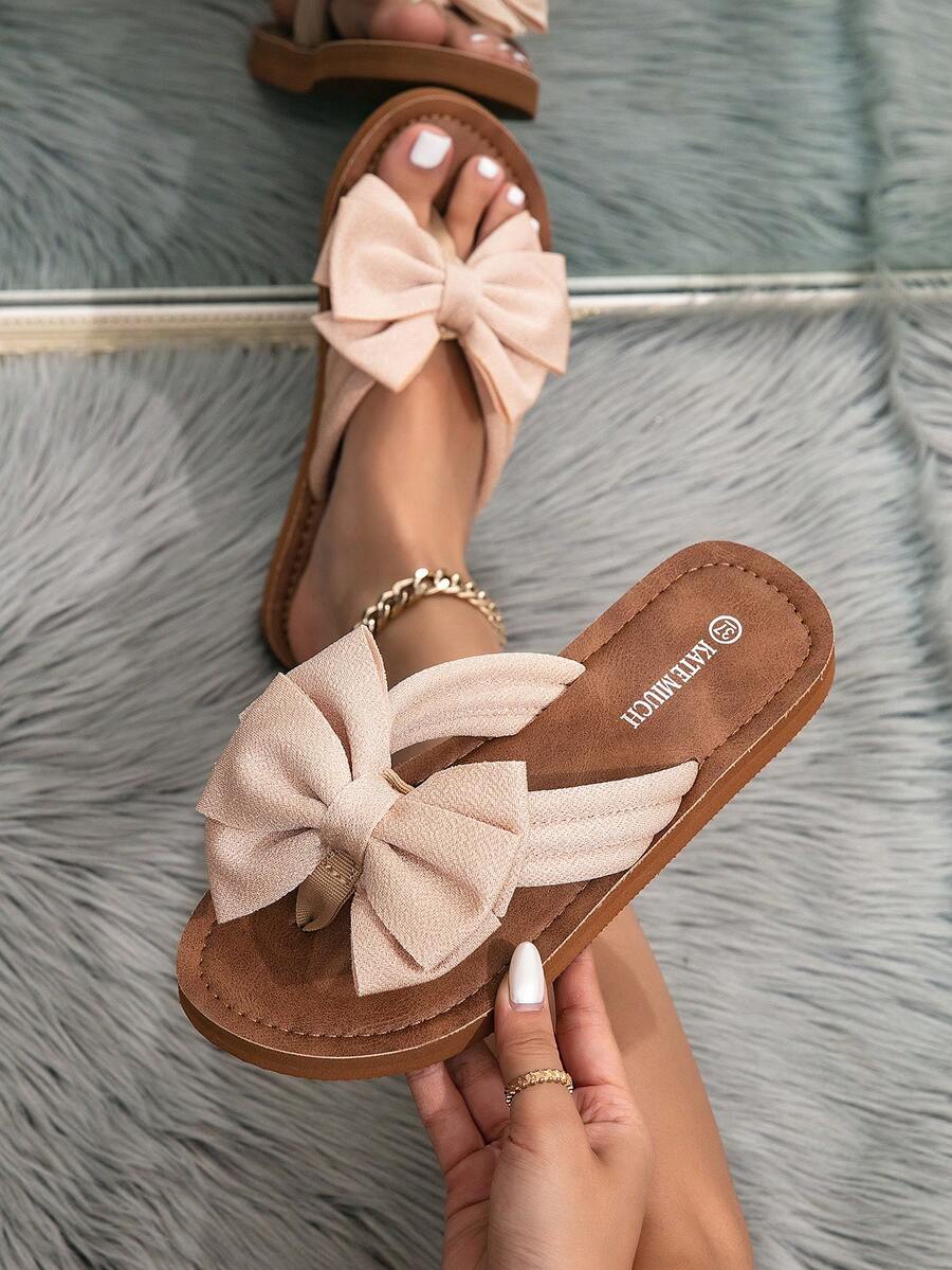 Women's Spring/Summer New Fashionable Casual Personalized Bow Decor Cute Khaki/Brown Flat Sandals, Suitable For Valentine's Day Beach Date, Travel, Party, Wedding For Ladies. Bohemian Style Fresh Lightweight Breathable Comfortable Women Flip Flops, Beach Shoes, Indoor Slippers - Khaki - View 1