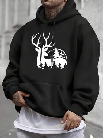 Jultema herrtröja med huva, svart termofodrad, tjock streetwear-tröja, plus size, julfirande