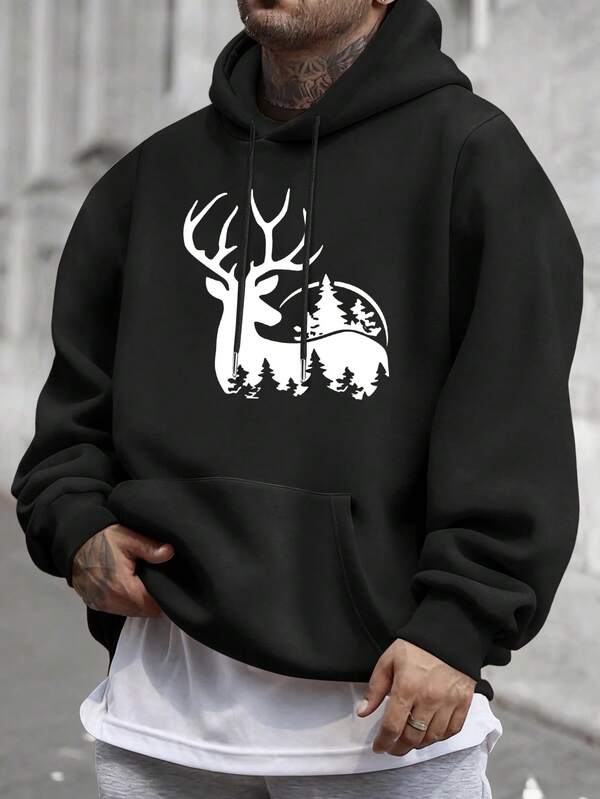 Sudadera con capucha negra de hombre con forro térmico grueso de temática navideña, talla grande, para celebración de Navidad