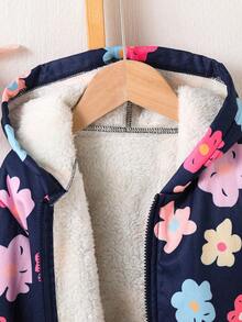Ciepła, gruba kurtka termiczna z kapturem i nadrukiem w kwiaty dla nastolatek
