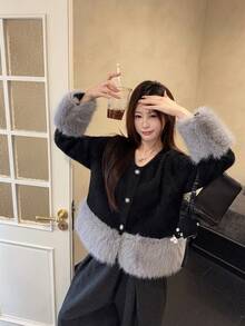 2026 Women's Spring Plush Patchwork Long Sleeve Jacket, Thick Faux Mink Fur Round Neck Cardigan - Dark Blue - View 5