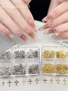 6-Grid Box Gold And Silver Classic European And American Style Luxury Metal Cross Nail Decoration Gothic Style Metal Diamonds Minimalist 3D Multifunctional Nail Jewelry Y2K Retro Cross Nail Accessories Nail Salon Artistic Decoration Nail Flash Metal Diamond Nail Gems Nail Supplies Nail Charms False Nail Decoration Accessories - Multicolor - View 1