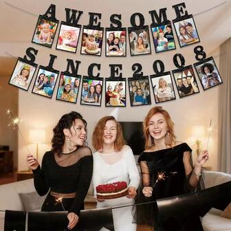 1Set,Awesome Since 2008 DIY String Black Glitter Photo Banner Birthday Decorations For Boys/Girl's- Glitter Happy 17th/18th Birthday Banner Funny Glitter Happy Sweet 18th Birthday Decorations For Men Women Anniversary Party