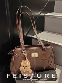 1pc FEISTURE Vintage PU Leather Large Capacity Underarm Bag, Bowling Style Commuter Bag For Women, Get A Free Pendant With Store Follow, Suitable For Daily Outing, Dating, Commuting - Coffee - View 8