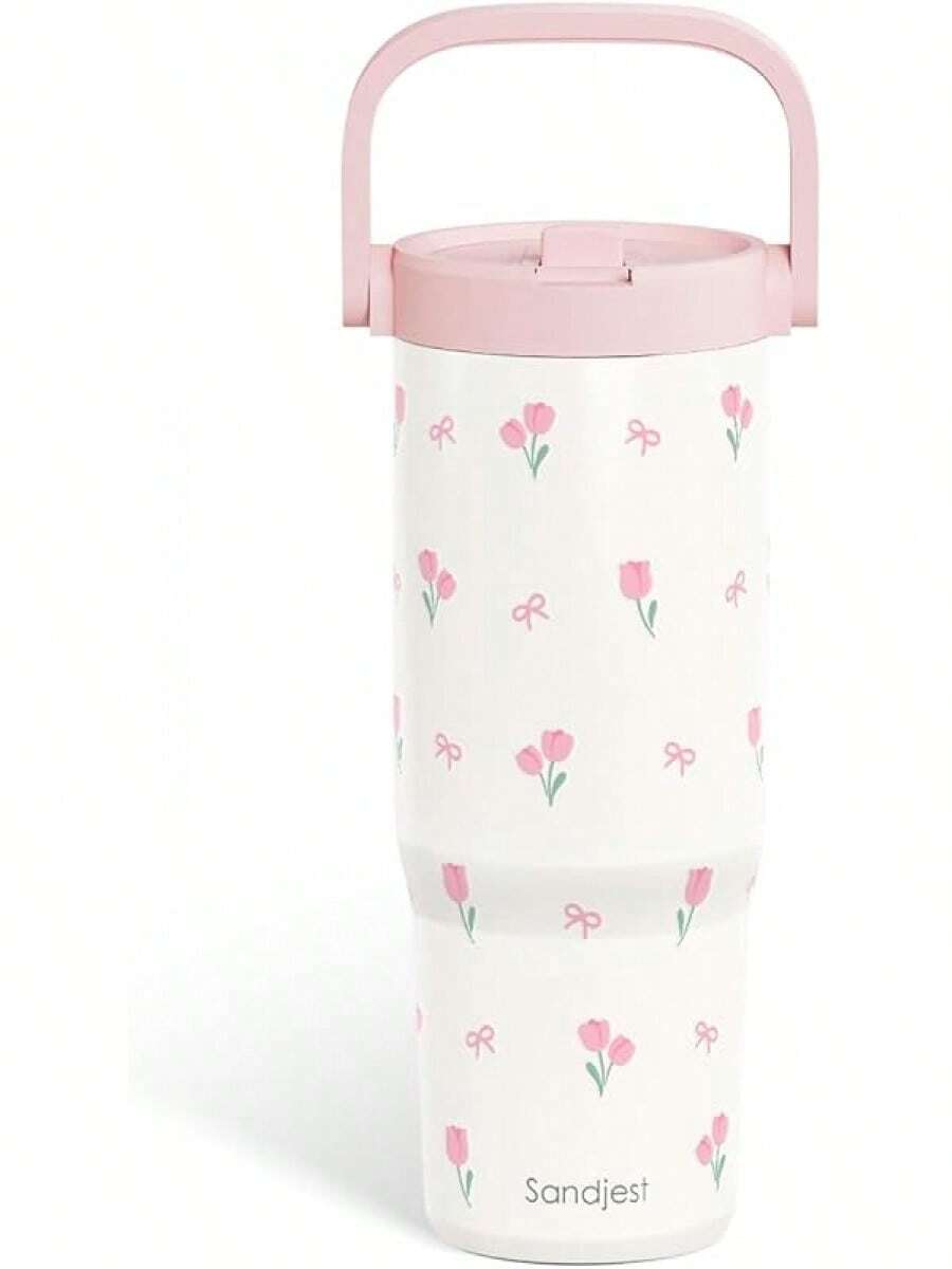 Pink Bow Stainless Steel Straw Lid Tumbler 30oz With Carry Handle For Women Girls, Insulated Travel Coffee Cup, Gift For Sports Outdoor Workout Christmas Birthday - 鬱金香 - 查看 1