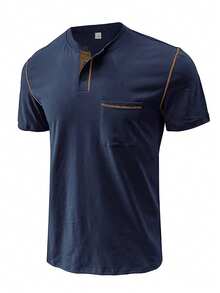 Simple Polo T-Shirt For Men, Fitted Sports Polo Shirt With Buttons, Breathable Casual Sports Polo Tee, European & American Ins Style For Summer - Navy Blue - View 3